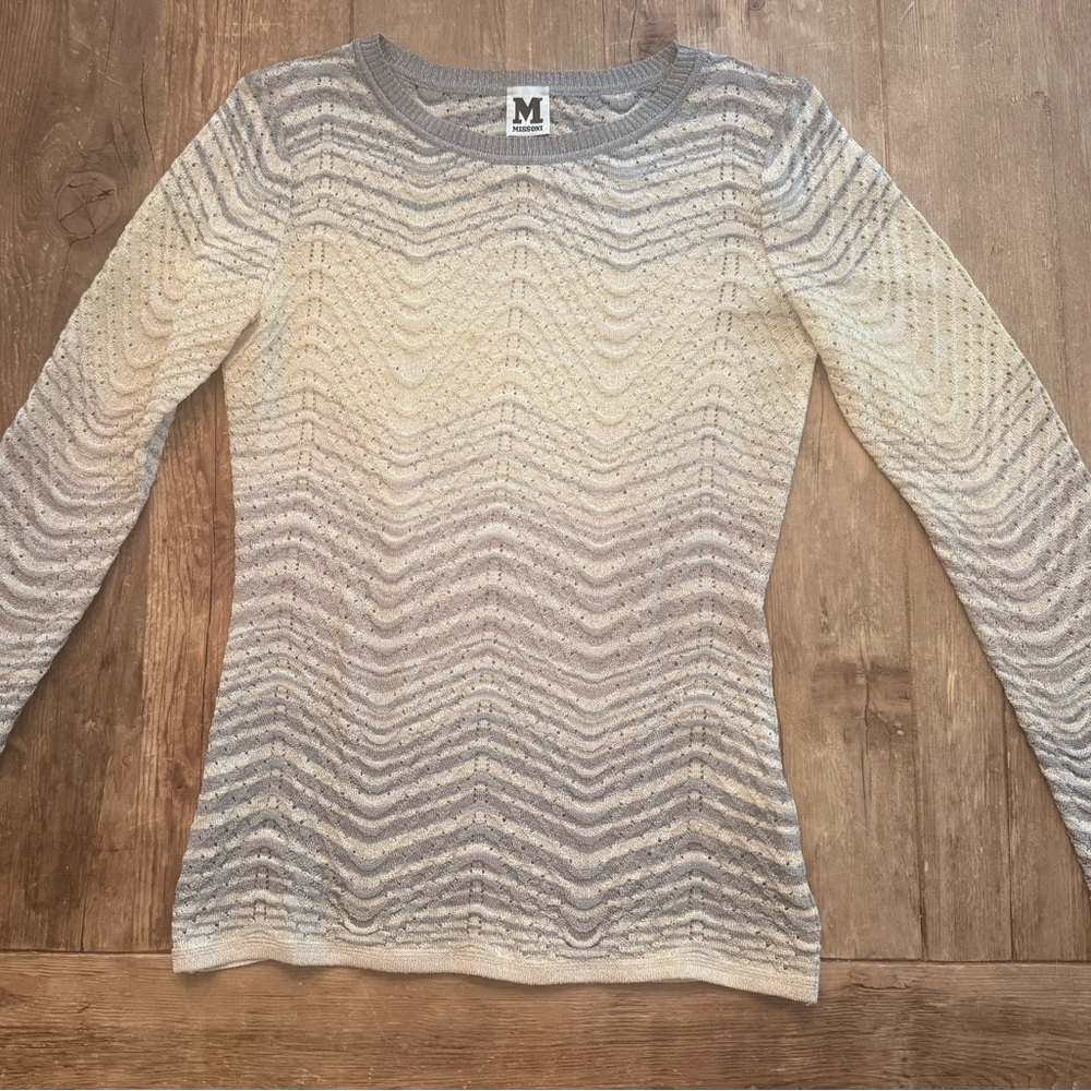 Missoni Metallic Silver and Cream Open-Knit Long Sleeve Top